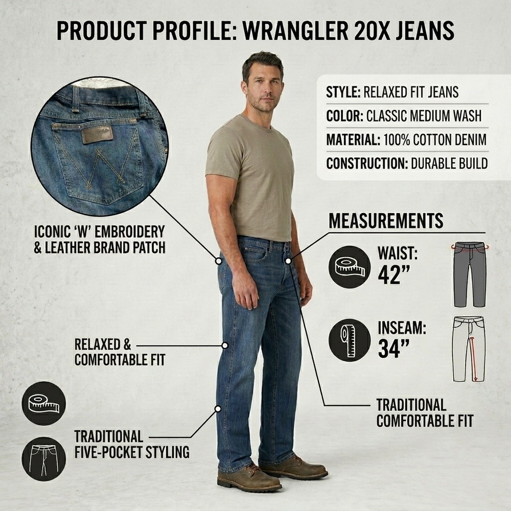 Wrangler 20X Relaxed Fit Jeans Mens 42x34 Medium Wash Blue Denim 01MWXRW